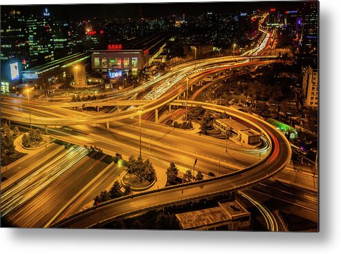 Built Structure Metal Print featuring the photograph Urban Overpass Of Night by Gregchen