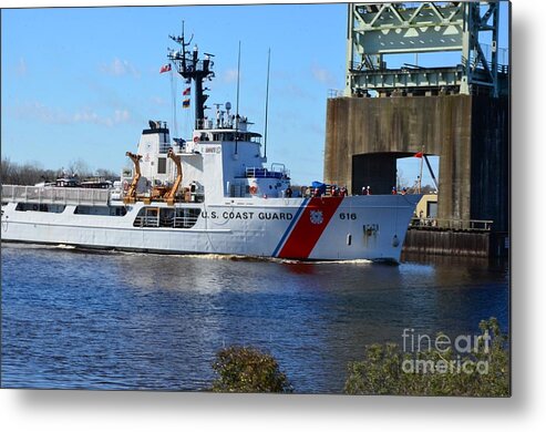Red Metal Print featuring the photograph USCG Diligence Under Draw Bridge by Bob Sample