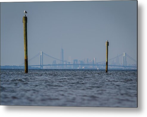 Bayshore Waterfront Metal Print featuring the photograph Verrazano-Narrows bridge and NYC skyline from Port Monmouth by SAURAVphoto Online Store