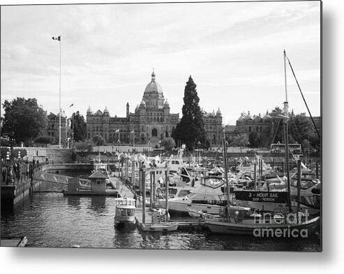 Canada Metal Print featuring the photograph Victoria Harbour with Parliament Buildings - Black and White by Carol Groenen