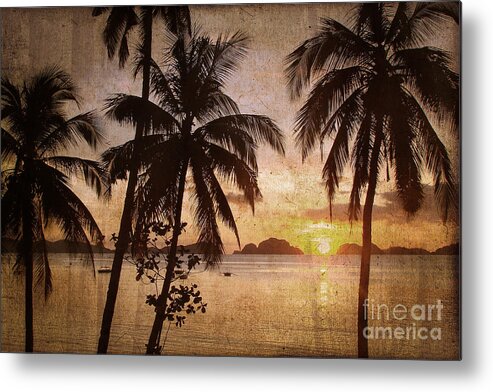 Palm Trees Metal Print featuring the photograph Vintage Philippines, palm trees at sunset by Delphimages Photo Creations
