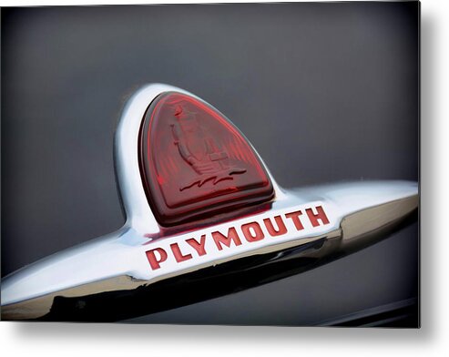 Vintage Car Metal Print featuring the photograph Vintage Plymouth Sailing Ships Emblem by Jeanne May