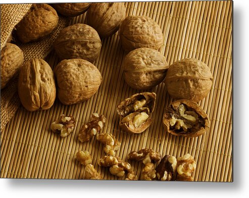 Walnut Metal Print featuring the photograph Walnuts on Bamboo by Mark McKinney
