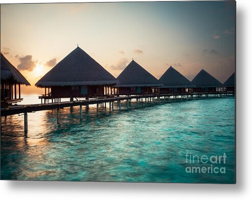 Amazing Metal Print featuring the photograph Waterbungalows At Sunset by Hannes Cmarits