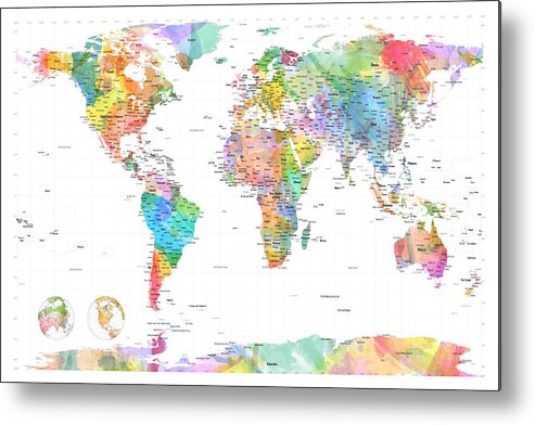 World Map Metal Print featuring the digital art Watercolor Political Map of the World by Michael Tompsett