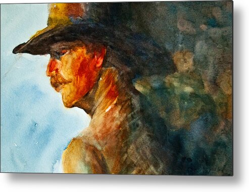 Cowboy Art Metal Print featuring the painting Weathered Cowboy by Jani Freimann
