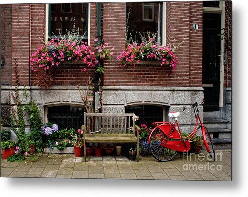 Amsterdam Metal Print featuring the photograph Window box bicycle and bench -- Amsterdam by Thomas Marchessault