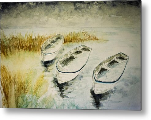 Seascape Metal Print featuring the painting Winter Boats in Watercolor by Gray Artus