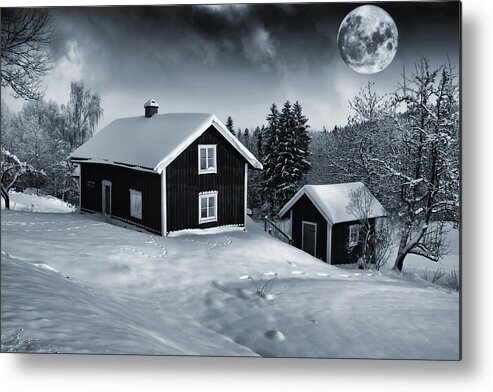 Cottage Metal Print featuring the photograph Winter Landscape Old Cottage And Full Moon by Christian Lagereek
