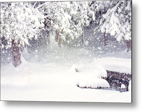 Winter Snow Bridge Picture Metal Print featuring the photograph Winter Snow Bridge by Gwen Gibson
