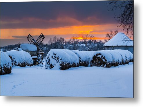 Snow Metal Print featuring the photograph Winter Sunset on the Farm by Holden The Moment
