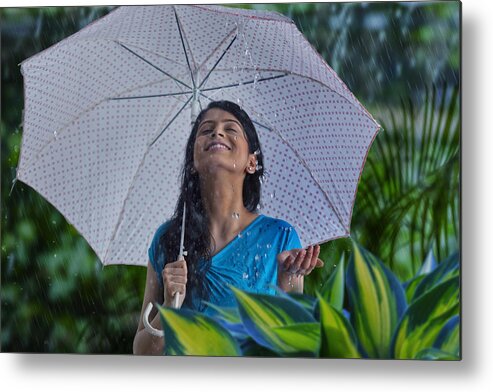 People Metal Print featuring the photograph Woman enjoying in the rain by Abhinandita Mathur 