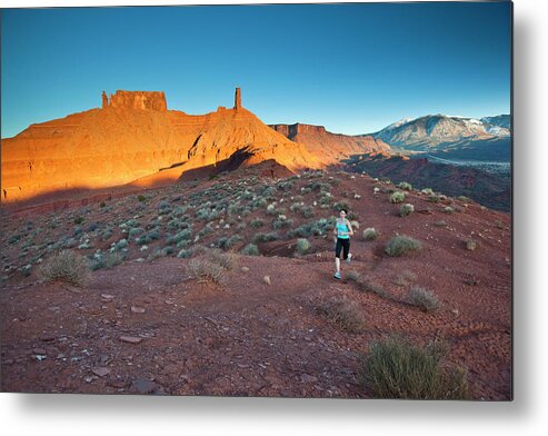 Excercise Metal Print featuring the photograph Woman Running In Beautiful Desert by Whit Richardson