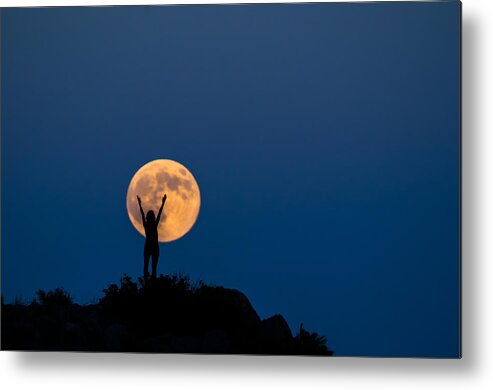 On Top Of The World Metal Print featuring the photograph Woman silhouette on the full moon by Manuel Breva Colmeiro