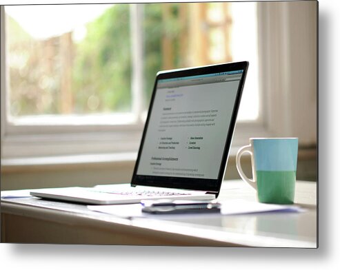Technology Metal Print featuring the photograph Working From Home, Laptop With Mug By A by Johnnie Davis