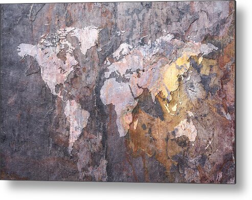 World Map Metal Print featuring the digital art World Map on Stone Background by Michael Tompsett