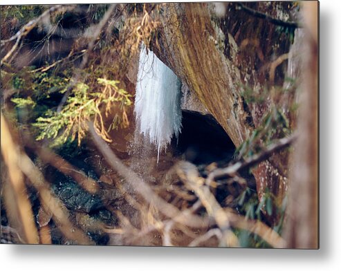 1st Metal Print featuring the photograph Yahoo Falls Frozen 1 by Amber Flowers