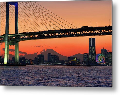Yokohama Metal Print featuring the photograph Yokohama Bay Bridge & Mt. Fuji by Uemii