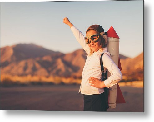 New Business Metal Print featuring the photograph Young Business Girl with Rocket Pack by RichVintage