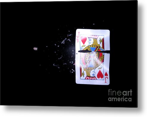 Card Metal Print featuring the photograph Bullet Hitting A Playing Card #1 by Ted Kinsman