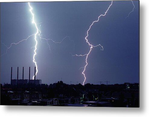 Horizontal Metal Print featuring the photograph Lightning Over City #1 by John Foxx