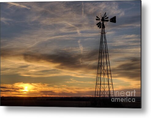 Prairie Sunset Metal Print featuring the photograph Windmill and Sunset #1 by Art Whitton