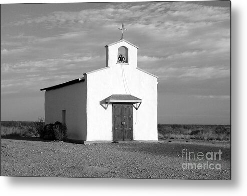 Travelpixpro West Texas Metal Print featuring the photograph Calera Mission Chapel in West Texas Black and White #1 by Shawn O'Brien