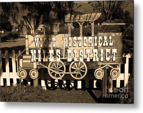Black And White Metal Print featuring the photograph Historic Niles District in California Near Fremont . Visit Historical Niles District Sign . 7D10653 #2 by Wingsdomain Art and Photography