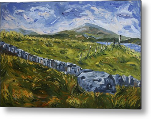 Blustery Windblown Grasses And Clouds Ireland Metal Print featuring the painting A Donegal Day by John Farley