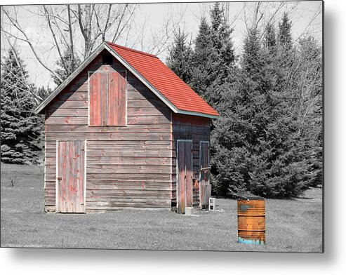Selective Color Metal Print featuring the photograph Aging Shed and Barrel by Mark J Seefeldt
