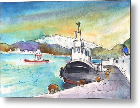 Travel Art Metal Print featuring the painting Boat in Agia Galini 02 by Miki De Goodaboom
