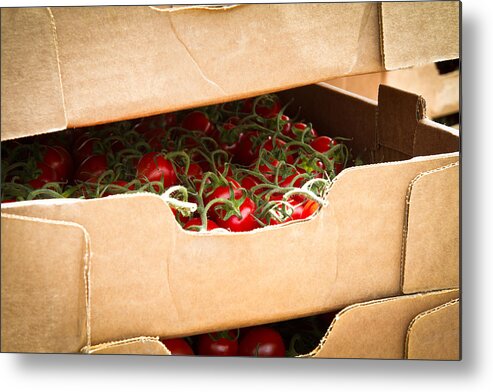 Cherry Tomatoes Metal Print featuring the photograph Box Of Vine Ripe Tomatoes by Dina Calvarese