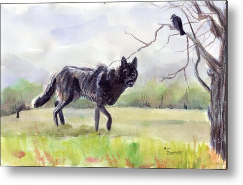 Nature Metal Print featuring the painting Brother crow announces the arrival of brother wolf by Mimi Boothby