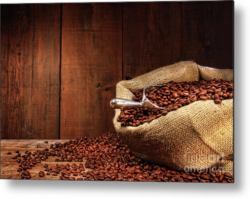 Aroma Metal Print featuring the photograph Burlap sack of coffee beans against dark wood by Sandra Cunningham