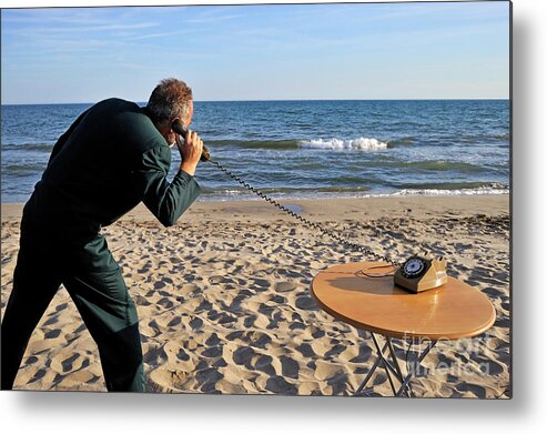 People Metal Print featuring the photograph Businessman on beach with Landline Phone by Sami Sarkis