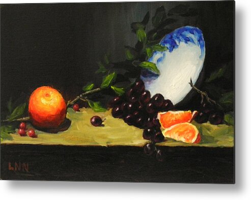 Still Life Metal Print featuring the painting China bowl and fruits by Ningning Li