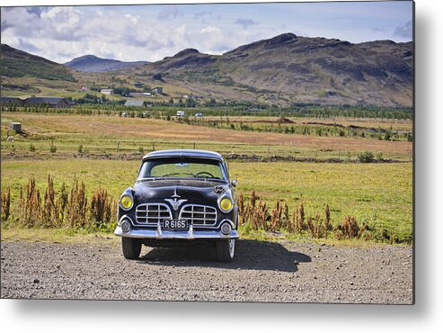 1950s Metal Print featuring the photograph Classic Chrysler Crown Imperial Sedan on a ranch in Iceland by Marianne Campolongo