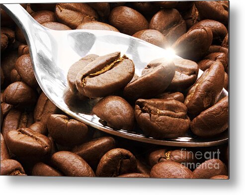 Coffee Metal Print featuring the photograph Coffee beans on a spoon by Simon Bratt