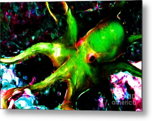 Octopus Metal Print featuring the photograph Creatures of The Deep - The Octopus - v3 - Electric - Green by Wingsdomain Art and Photography