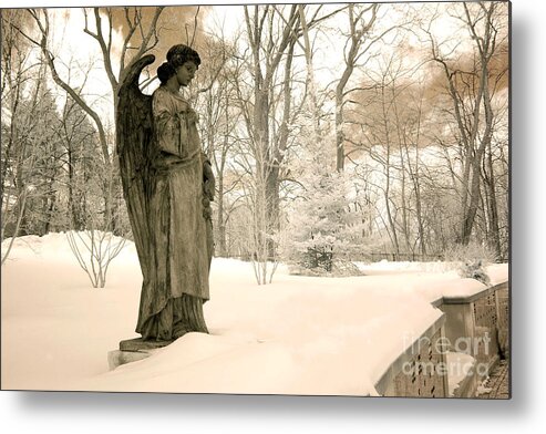 Cemetery Angel Metal Print featuring the photograph Dreamy Surreal Angel Sepia Nature Scene by Kathy Fornal