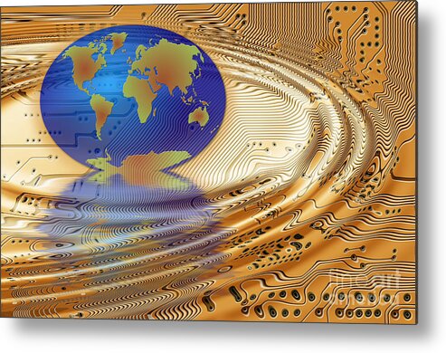 Communication Metal Print featuring the digital art Earth in the printed circuit by Michal Boubin