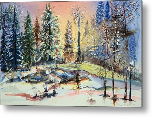 Enchanted Forest Metal Print featuring the painting Enchanted Forest At Sunset by Bernadette Krupa