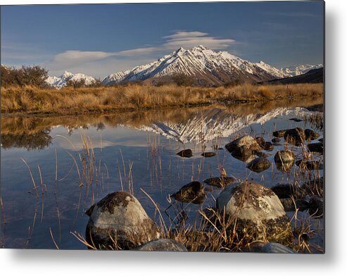 Hhh Metal Print featuring the photograph Erwhon Station Reflection In Branch by Colin Monteath