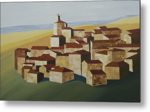 Spain Village Abstract Geometric Metal Print featuring the painting Cubist Village Spain by John Farley