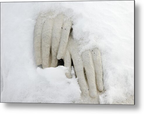 Snow Metal Print featuring the photograph Hands of a statue covered with snow by Matthias Hauser