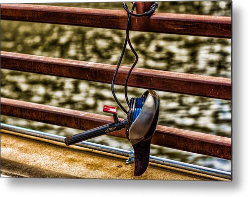 Bicycle Bike Lock Bridge Fail River Water Lake Ocean Cement Orange Green Blue Metal Print featuring the photograph How Not To Lock Your Bike by Tom Gort