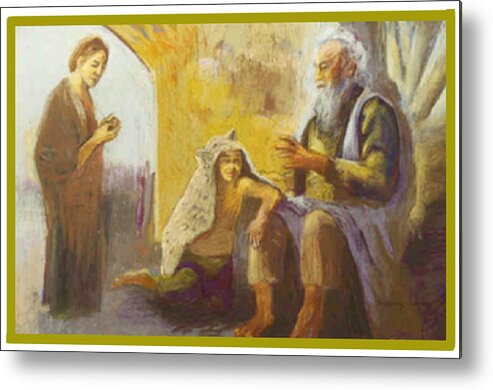 Biblical Metal Print featuring the painting Isaac Blessing of Jacob by Suzanne Giuriati Cerny