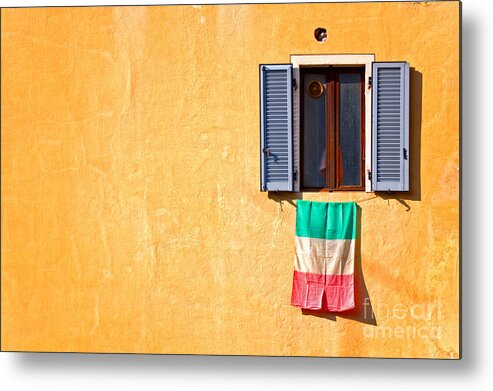 Italian Metal Print featuring the photograph Italian flag window and yellow wall by Silvia Ganora