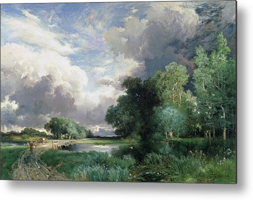 Rural; Remote; River; Riverbank; Dusk; Evening; Track; Road; Path; Journey; Traveller; Walking; Cattle; Homeward Bound; Countryside;landscape With A Bridge (oil On Canvas) By Thomas Moran (1837-1926) Wood Metal Print featuring the painting Landscape with a bridge by Thomas Moran