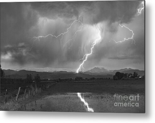 Awesome Metal Print featuring the photograph Lightning Striking Longs Peak Foothills 2BW by James BO Insogna